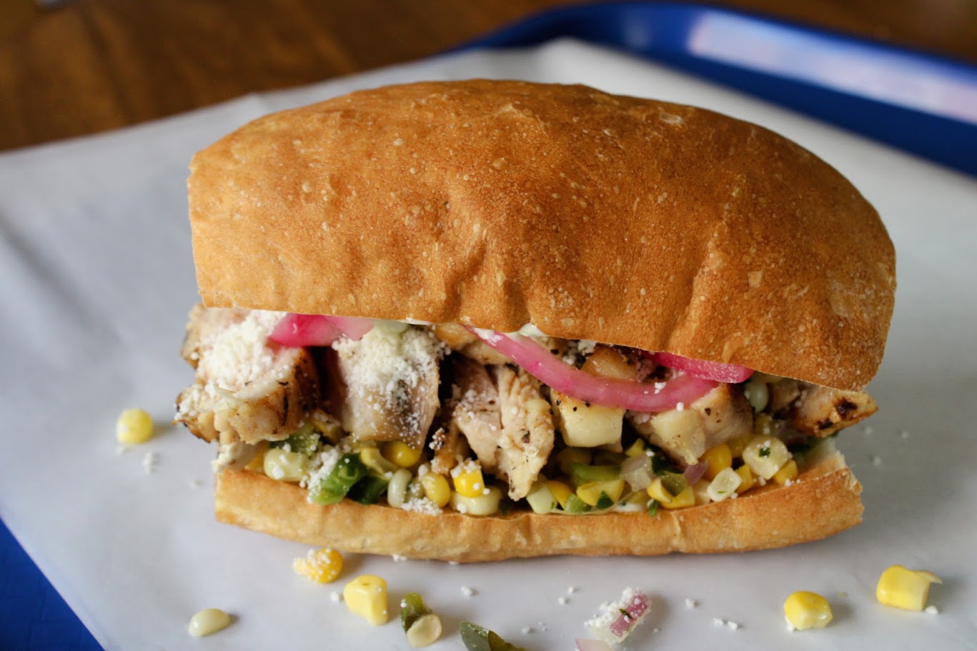 Grilled chicken and elotes sandwich (aka CEO of Corn sandwich)