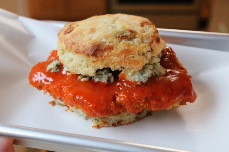 One-pan buffalo buttermilk blue cheese chicken biscuit sandwich