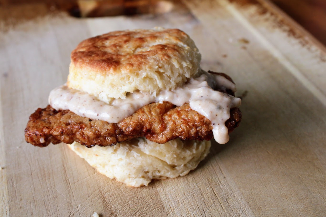 Smothered country-fried steak biscuits